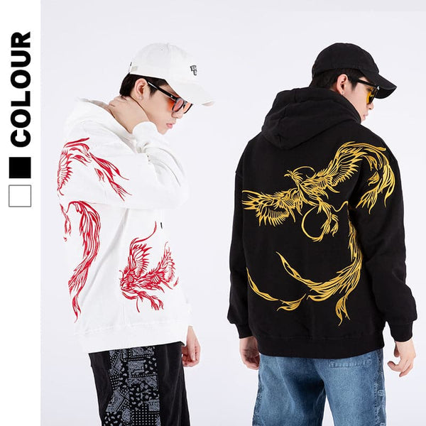 New ins men's top phoenix embroidery thickened hooded F090503