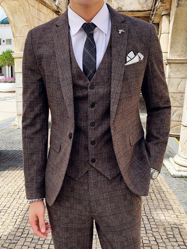 Men's Slim Fit Plaid Casual Suits Blazer + Vest + Pants SM110406