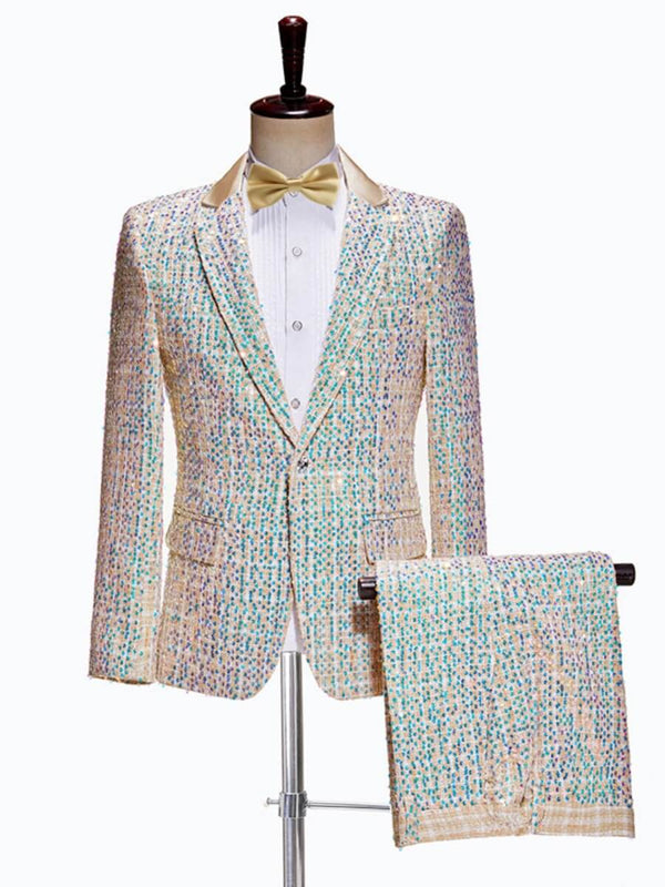 Men's Luxury Champagne Tweed Sequin Tuxedo Suits F121401