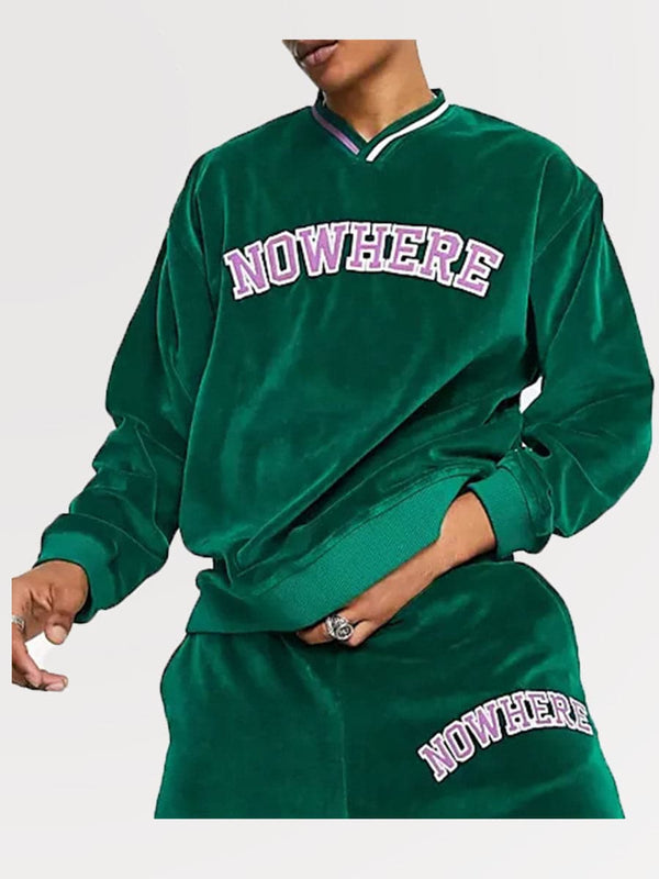 Velour Varsity Print Sweatshirt With Pants Two Piece Set SM101906