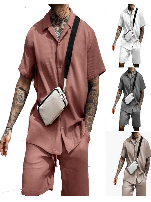 Men's Loose Casual Lapel Shirt Short Sleeve Shorts Set F040401