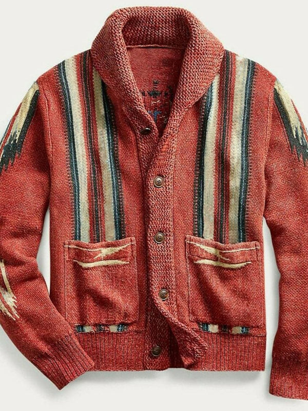 Vintage Jacquard Multi-pocket Striped Cardigan Sweater SM092427