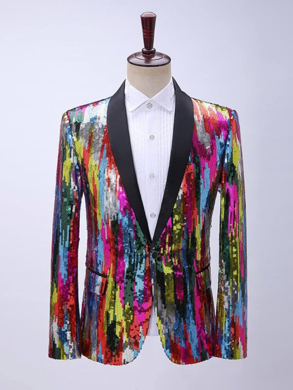 Men's One Button Vertical Stripe Sequin Tuxedo Jacket F010805