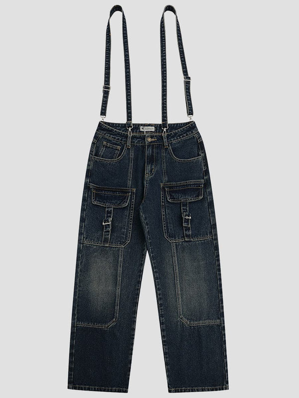 Loose Multi-Pocket Denim Trousers With Detachable Straps SM091508