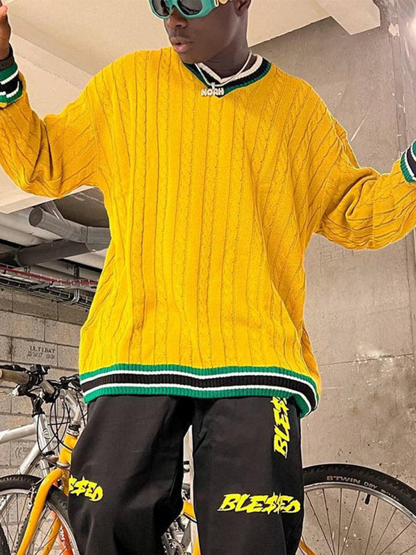 Loose Yellow Knitted Long Sleeve Casual Men's Sweater SMLB106